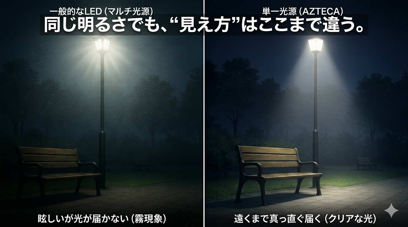 一般的なLEDのかすみとアステカのクリアな光の比較